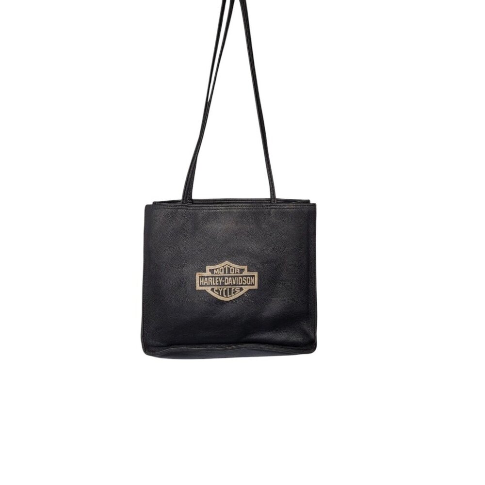 Vintage Harley Davidson Black Embroidered Logo Leather Shoulder Bag Purse Tote - Picture 3 of 16